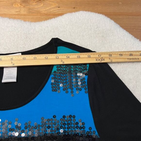 Great Cavalier Blue Black Sequined Scoop Neck Long Sleeve Viscose Spandex Top XL - Picture 10 of 12